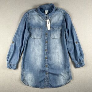 NWT Chicos Shirt Womens 0 Blue Denim Roll Tab Long Sleeve Button Up Collared Top